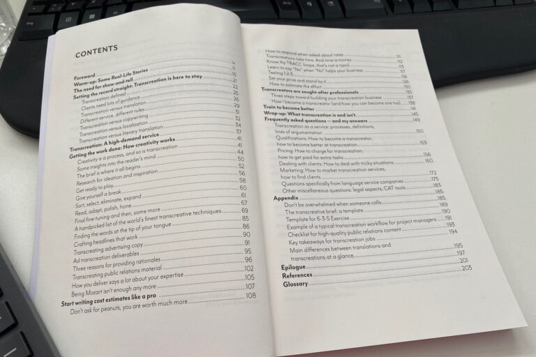 Table of contents from Nina's book on transcreation