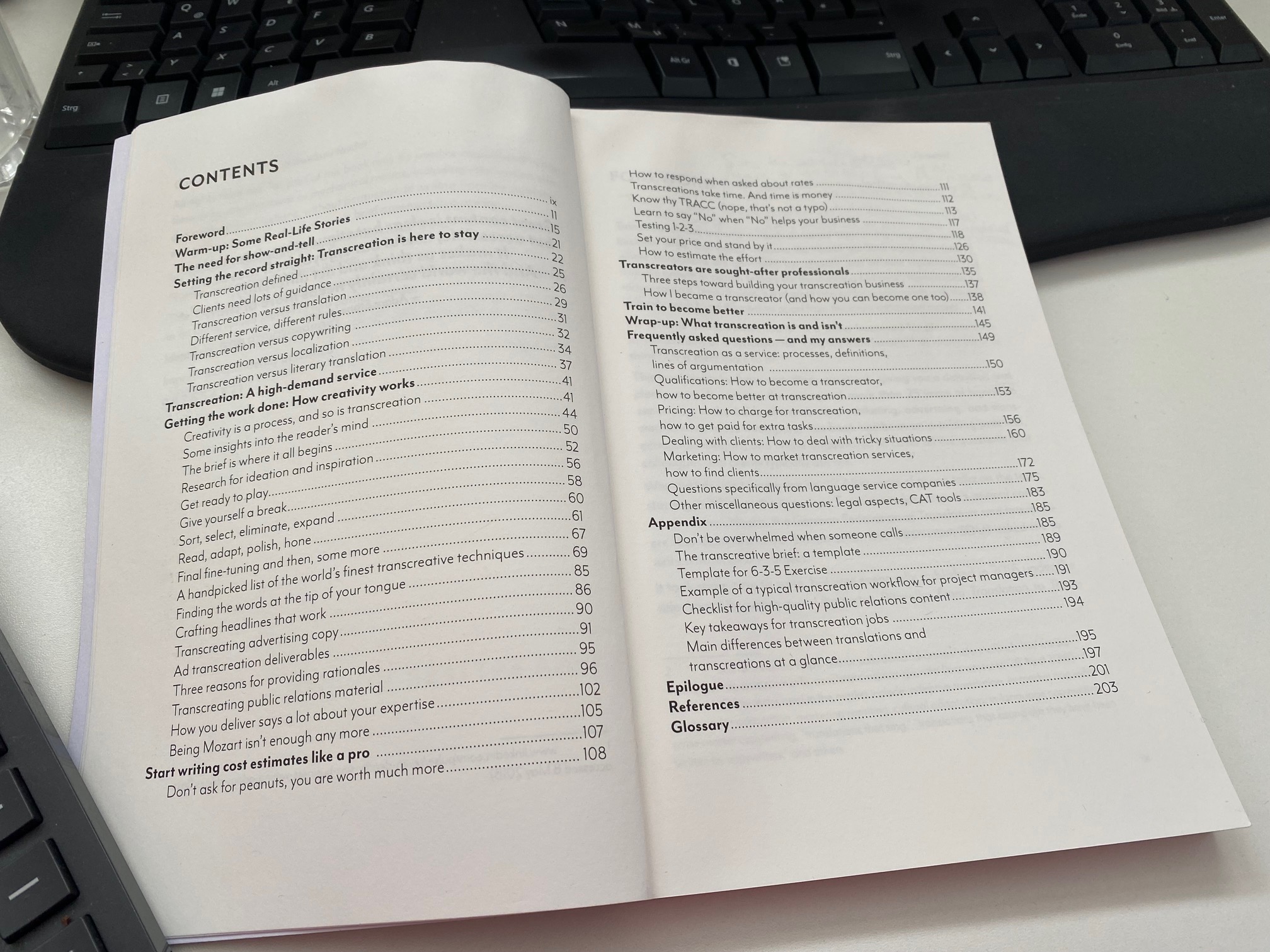 Table of contents from Nina's book on transcreation